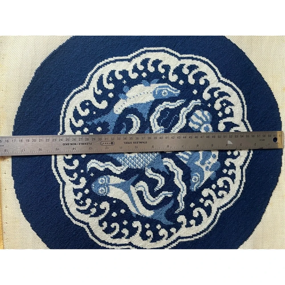 Vintage Hand Stitched Needlepoint Canvas Blue White Koi Fish Medallion